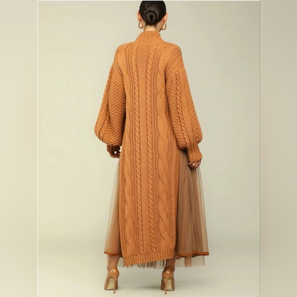 $150 Kelly Obi Chunky Cable Knit Sweater Dress Sz L High Slits Balloon Sleeves - Picture 4 of 9